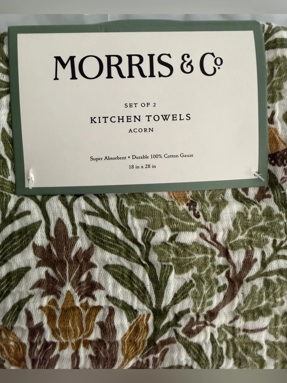 William Morris & Co Kitchen Dish Towels Set of 2 ACORN Green Brown 100% Cotton